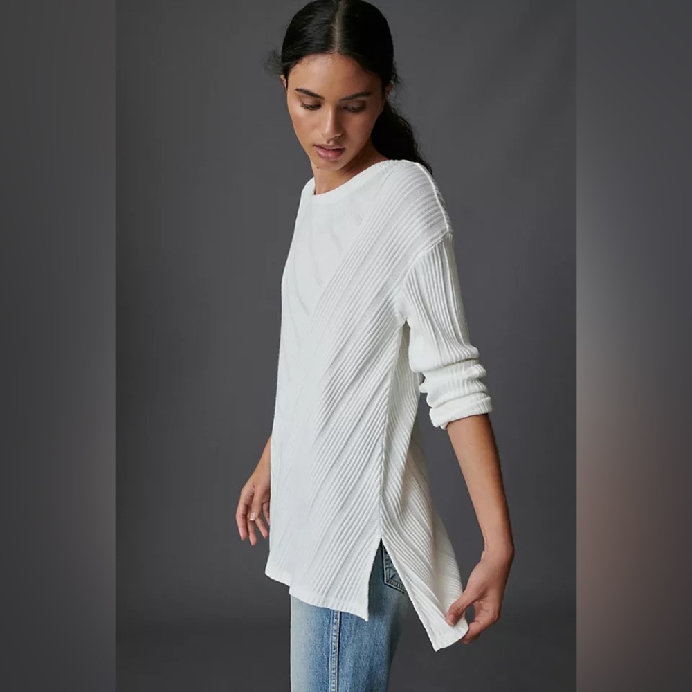 Maeve by Anthropologie White Ribbed Knit Tunic Sweater 100% cotton 🌱☁️